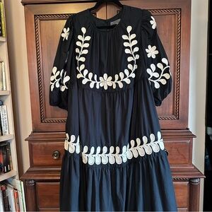Anthropologie Black Dress with White Floral Embroidery